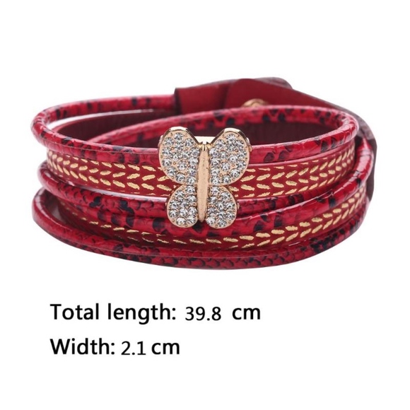 Black Python Leather Wrap Butterfly Charm Bracelet - Picture 4 of 8